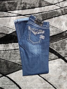 MISS ME EMBROIDERED RHINESTONES STUDDED FLAP LONG STAIGHT LEG DENIM JEANS